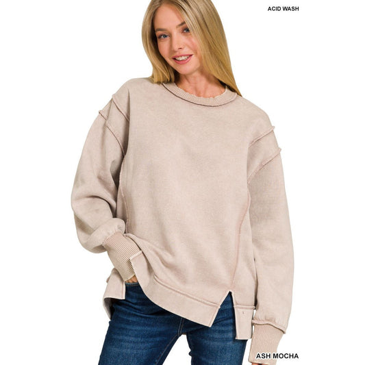 Zenana Acid wash exposed-seam fleece sweatshirt- ASH MOCHA
