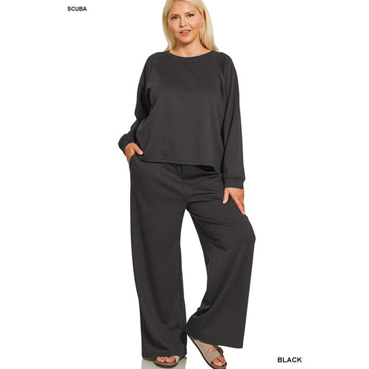 ✨ Zenana Plus Scuba Crewneck Pullover & Pants Set ✨BLACK