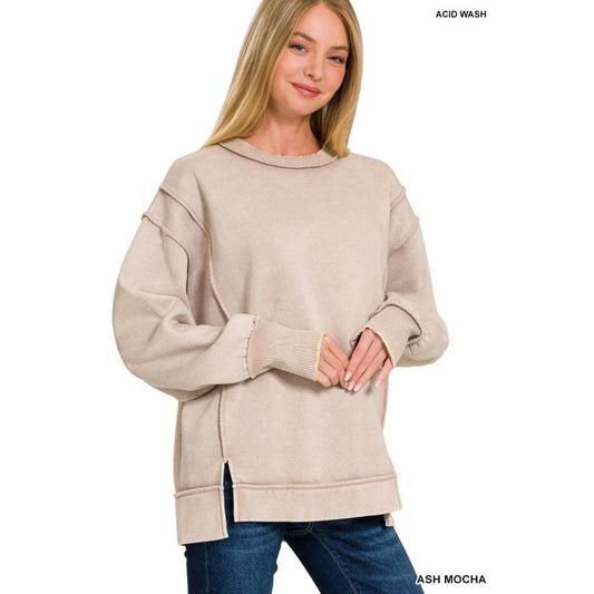Zenana Acid wash exposed-seam fleece sweatshirt- ASH MOCHA