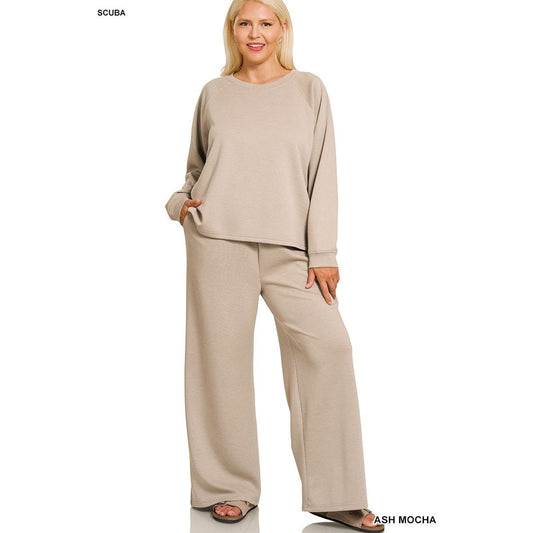 ✨ Zenana Plus Scuba Crewneck Pullover & Pants Set ✨ASH MOCHA