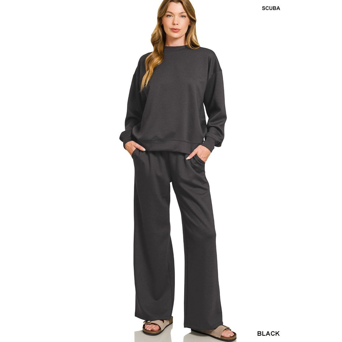 ✨ Zenana SCUBA Crewneck Pullover & Pants Set ✨BLACK